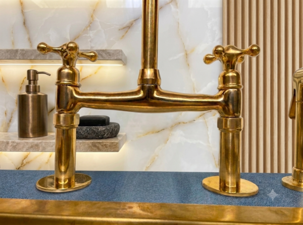 B The Artisan Gold Bridge Kitchen Faucet with Matching Side Sprayer