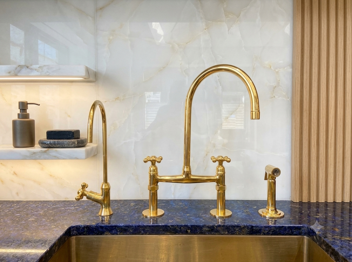 The Artisan Gold Bridge Kitchen Faucet with Matching Side Sprayer