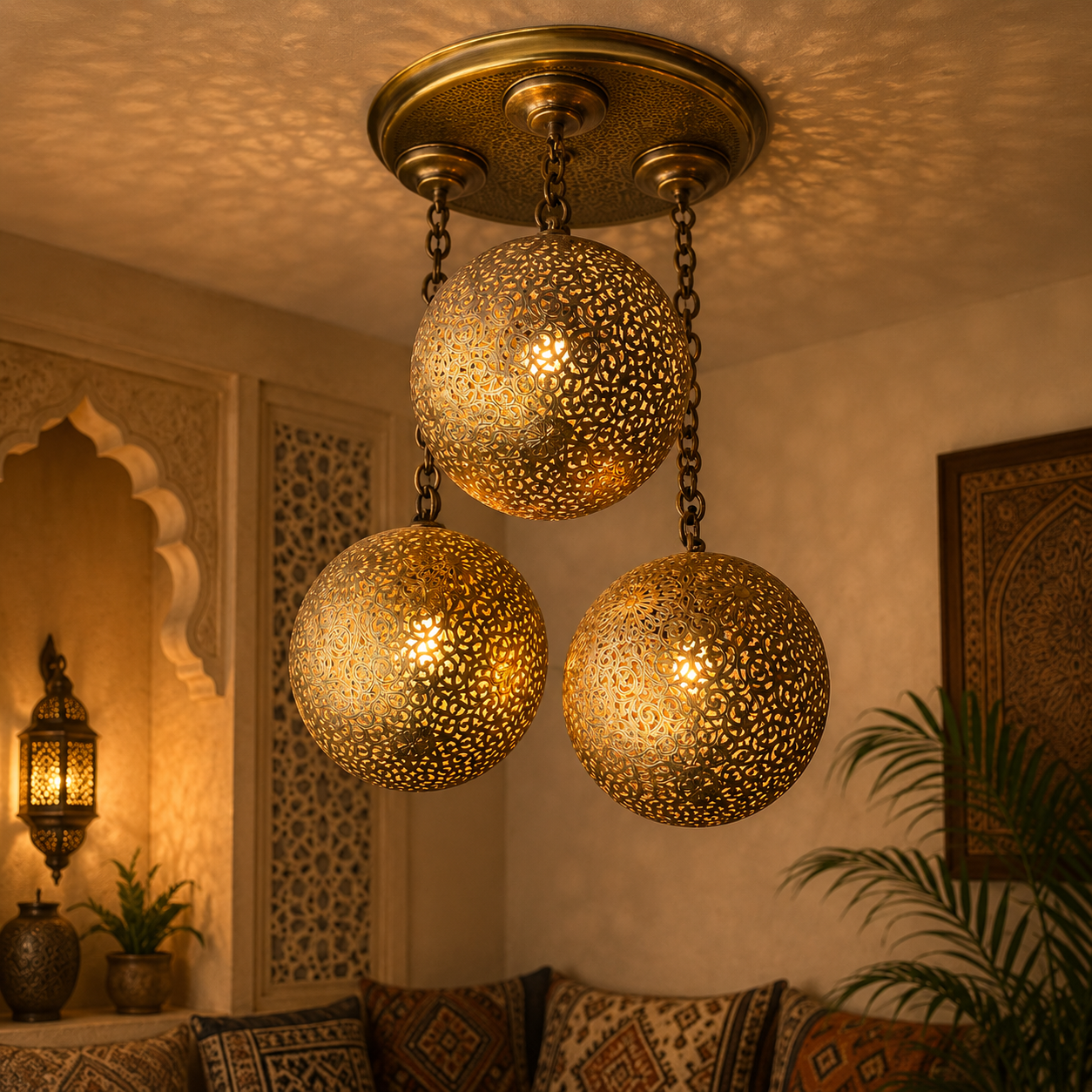 Handcrafted 3-Globe Brass Cluster Chandelier – Triple Sphere Pendant Ceiling Light