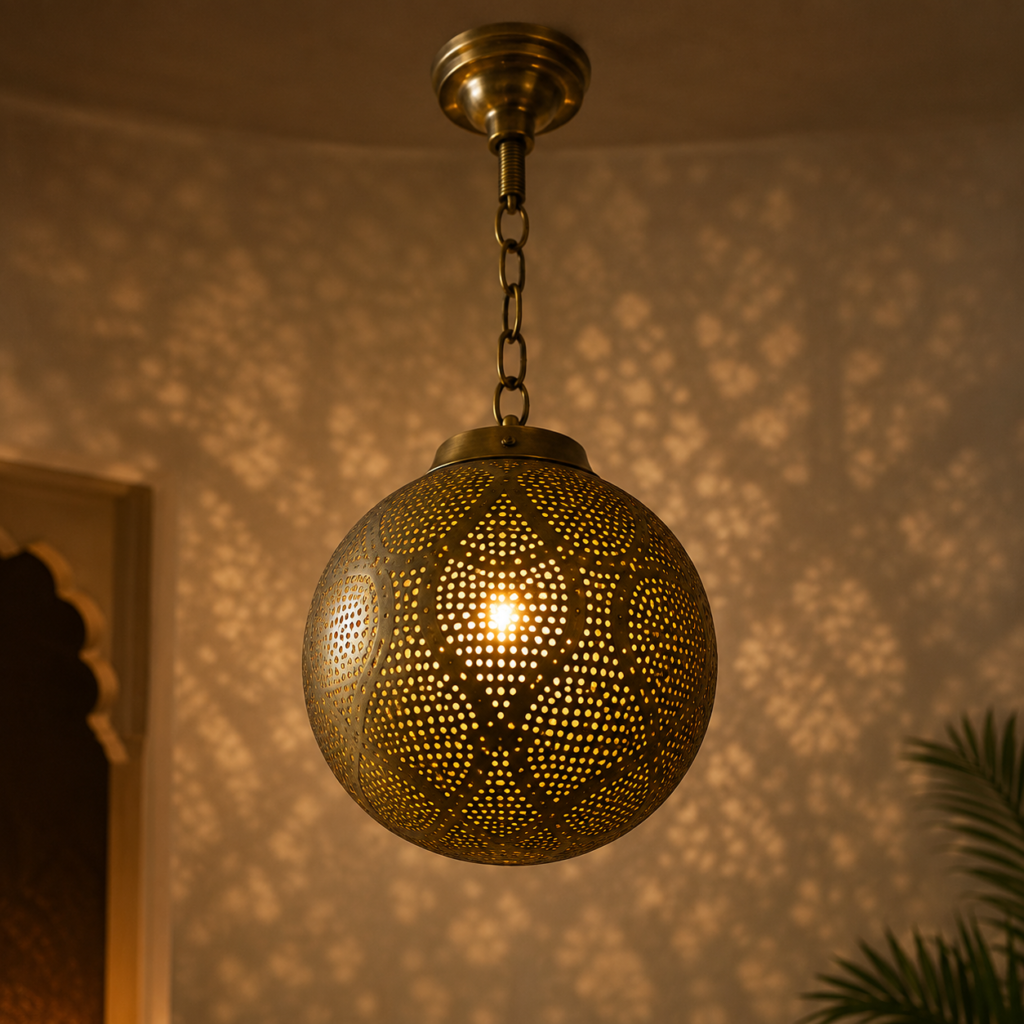Handcrafted Brass Pendant Light – Vintage Spherical Hanging Lantern for Warm Ambiance