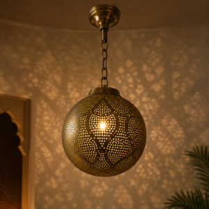 Handcrafted Brass Pendant Light – Vintage Spherical Hanging Lantern for Warm Ambiance