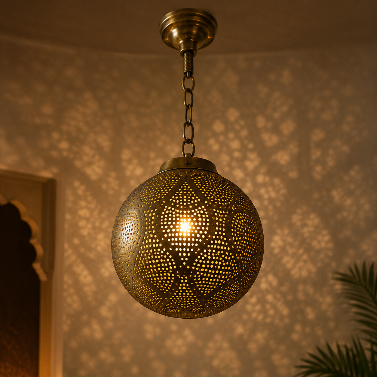 Handcrafted Brass Pendant Light – Vintage Spherical Hanging Lantern for Warm Ambiance