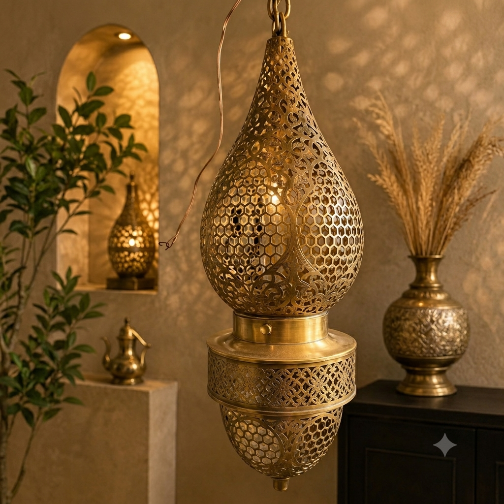 Handcrafted Brass Teardrop Pendant Light – Vintage Honeycomb Hanging Lantern
