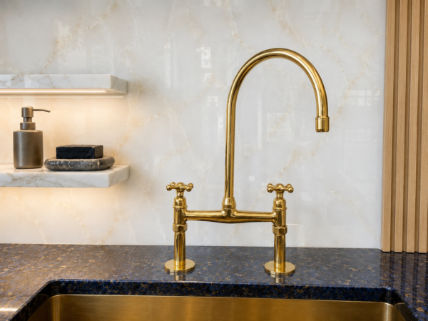 I The Artisan Gold Bridge Kitchen Faucet with Matching Side Sprayer