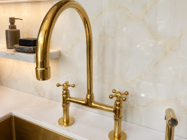 O The Artisan Gold Bridge Kitchen Faucet with Matching Side Sprayer
