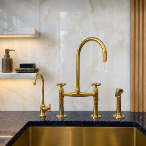 The Artisan Gold Bridge Kitchen Faucet with Matching Side Sprayer