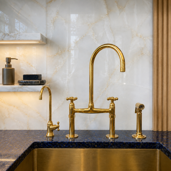 ChatGPT Image 1 août 2026, 18_11_57 Handcrafted Unlacquered Brass Kitchen Bridge Faucet Set with Side Sprayer & Filter Tap