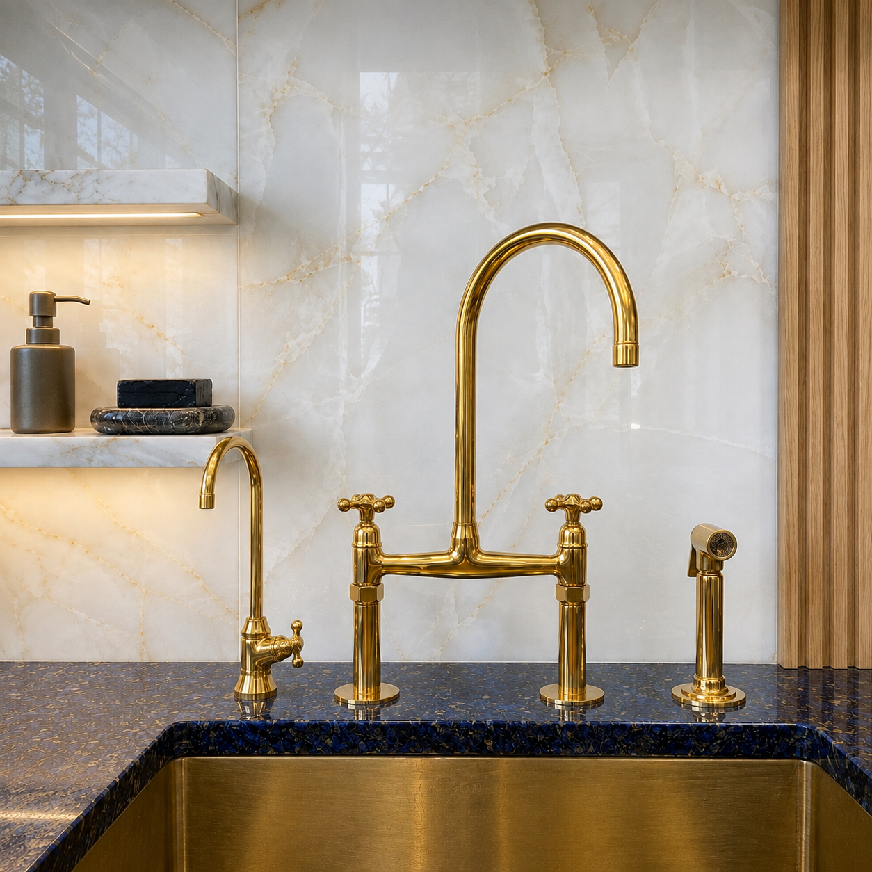 The Artisan Gold Bridge Kitchen Faucet with Matching Side Sprayer