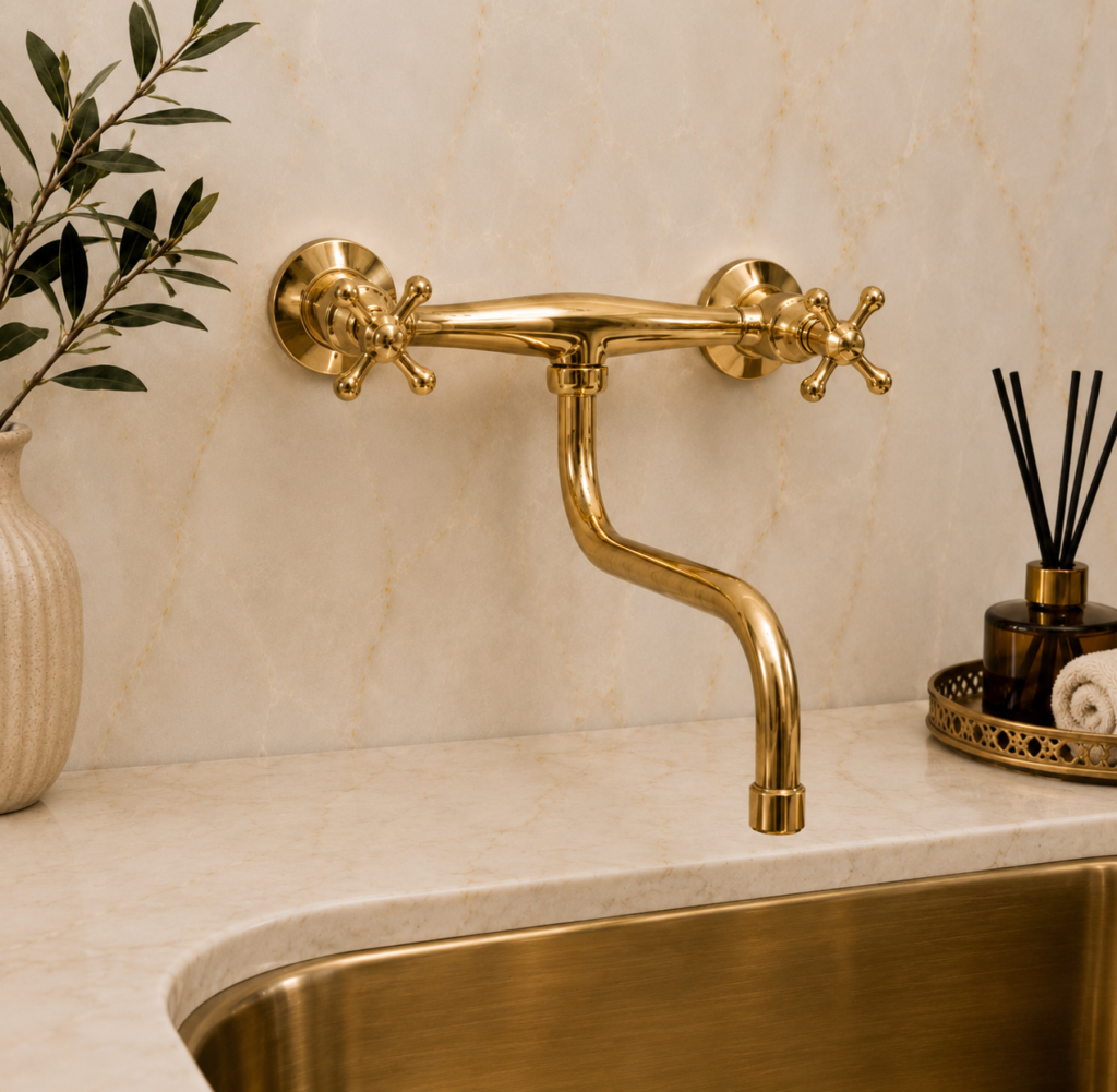 Luxury Polished Brass Wall-Mounted Kitchen Sink Mixer Tap