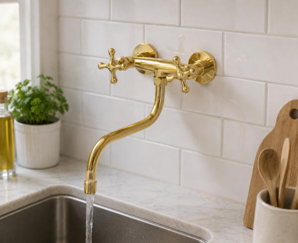 hj Luxury Polished Brass Wall-Mounted Kitchen Sink Mixer Tap