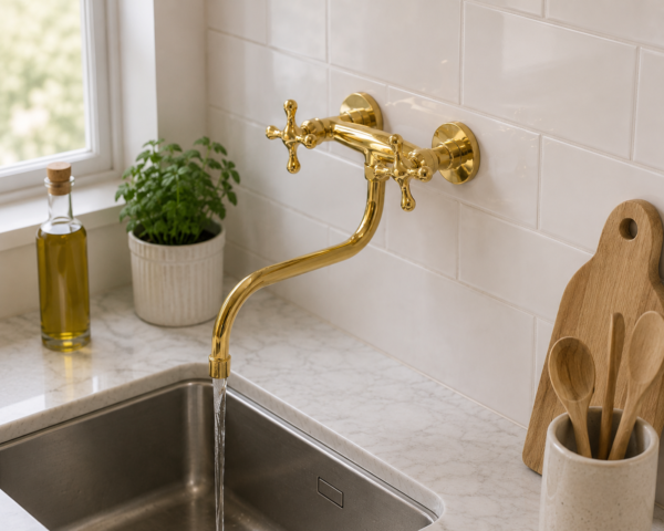 io Luxury Polished Brass Wall-Mounted Kitchen Sink Mixer Tap