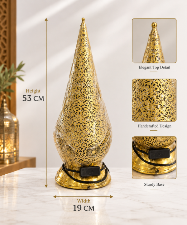 Lanterne dorée filigranée avec dimensions Handmade Moroccan Brass Lantern – Moroccan Table Lamp with Intricate Filigree Design